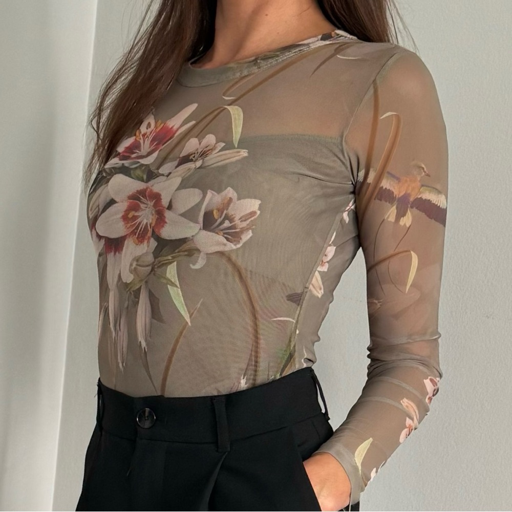 All Saints Mesh Bodysuit, Army Green Floral, Long Sleeve, Size 0